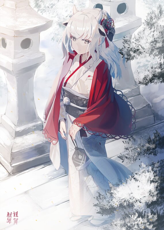 Anime Girl in Kimono — White, Serene, Winter, Digital Art, Snow, Lanterns