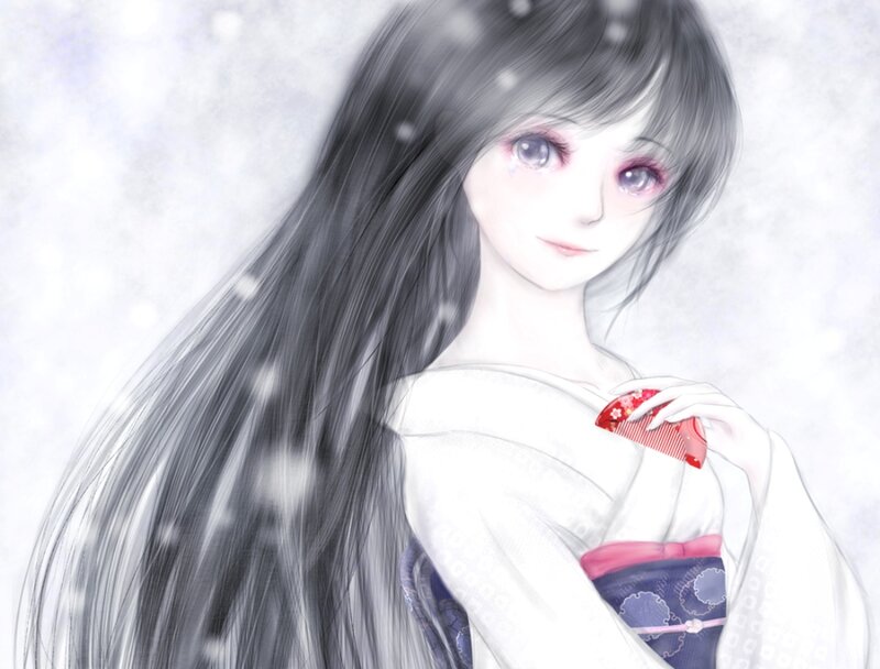 Anime Girl in Kimono — White, Serene, Winter, Digital Art