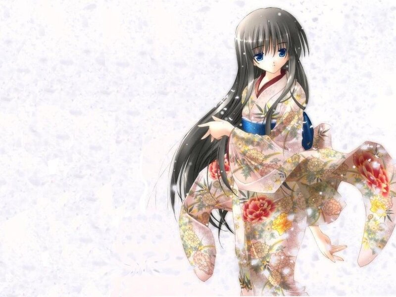 Anime Girl in Kimono — White, Serene, Winter, Long Hair