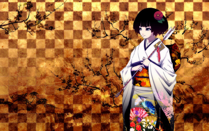 anime girl in kimono with arrow