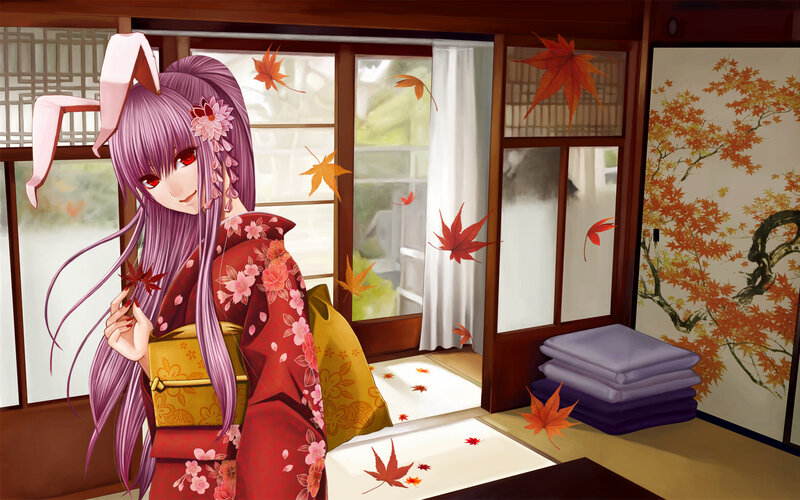 Anime girl in kimono with autumn leaves