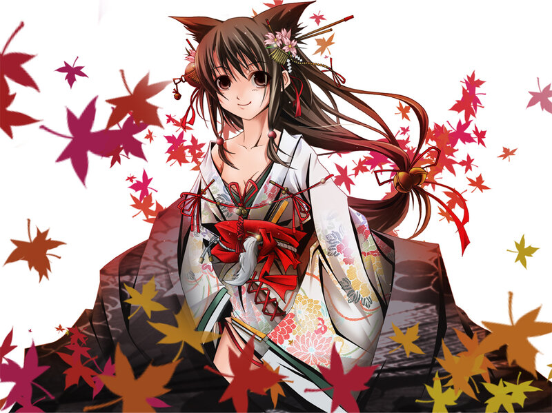 anime girl in kimono with autumn leaves