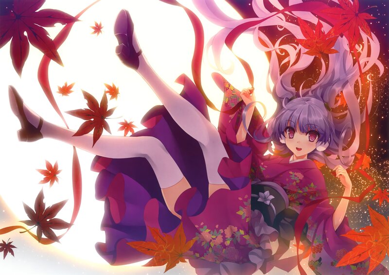 anime girl in kimono with autumn leaves