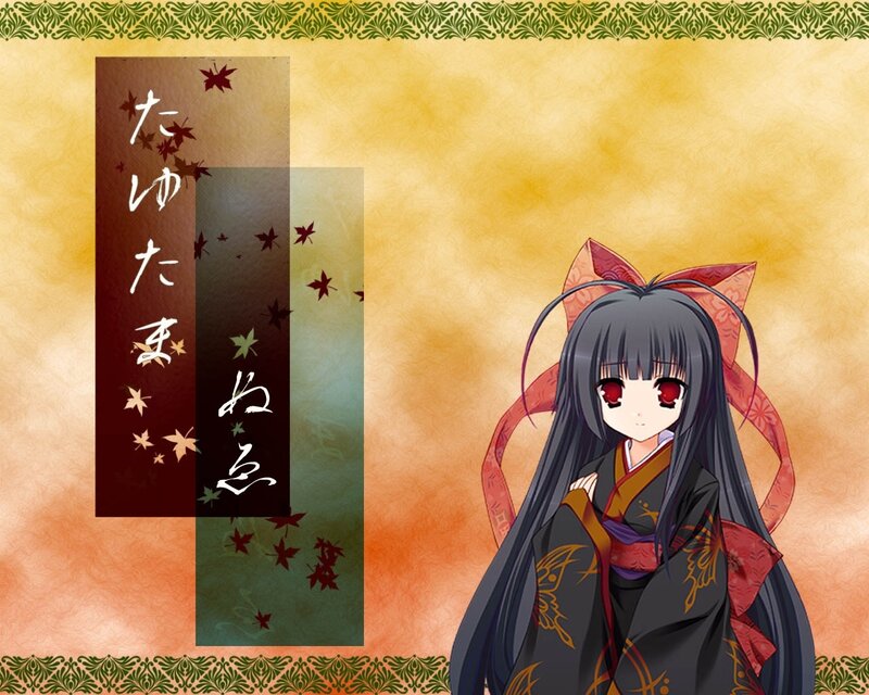 Anime girl in kimono with autumn leaves