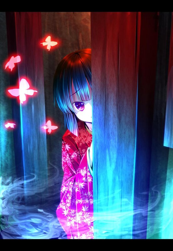 anime girl in kimono with butterflies