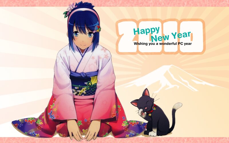 Anime girl in kimono with cat