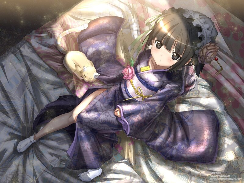 Anime girl in kimono with cat