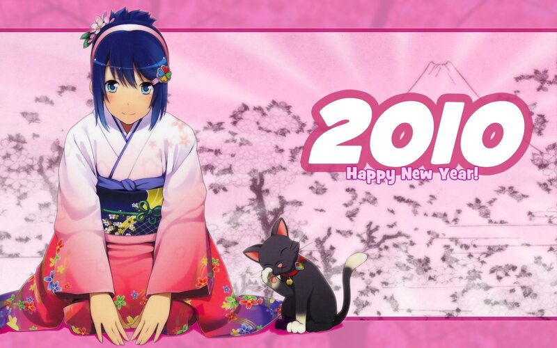 Anime girl in kimono with cat