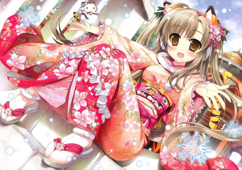 Anime girl in kimono with cat