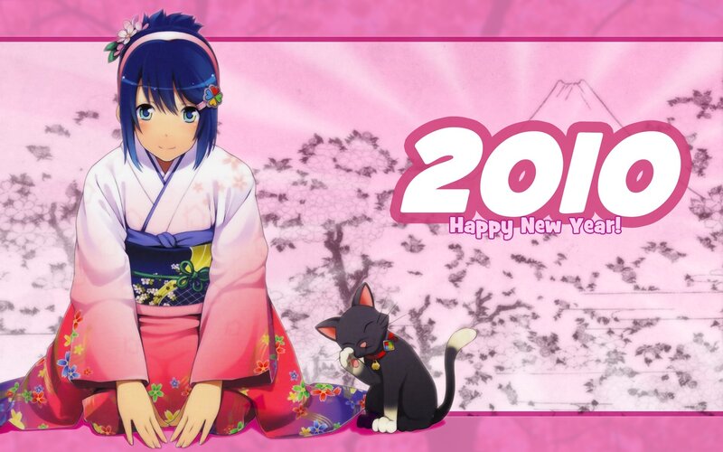 Anime girl in kimono with cat