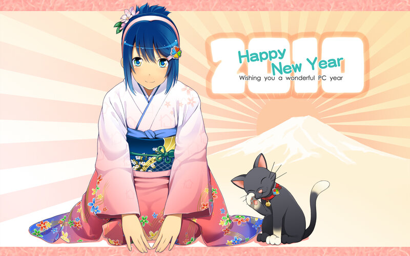 Anime girl in kimono with cat