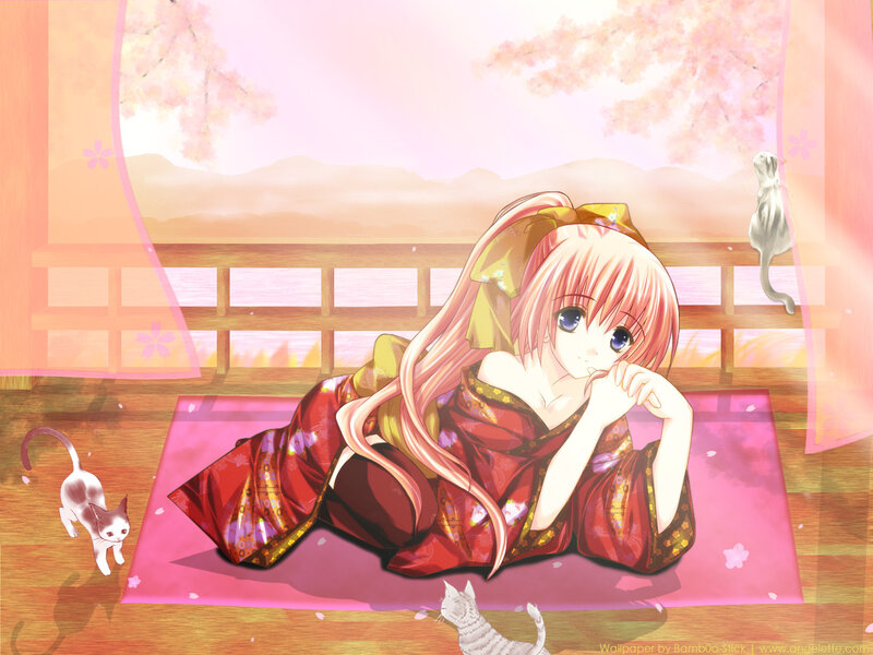 Anime girl in kimono with cats