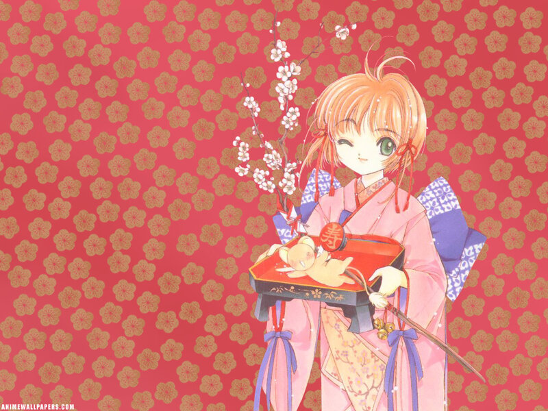 Anime girl in kimono with cherry blossoms