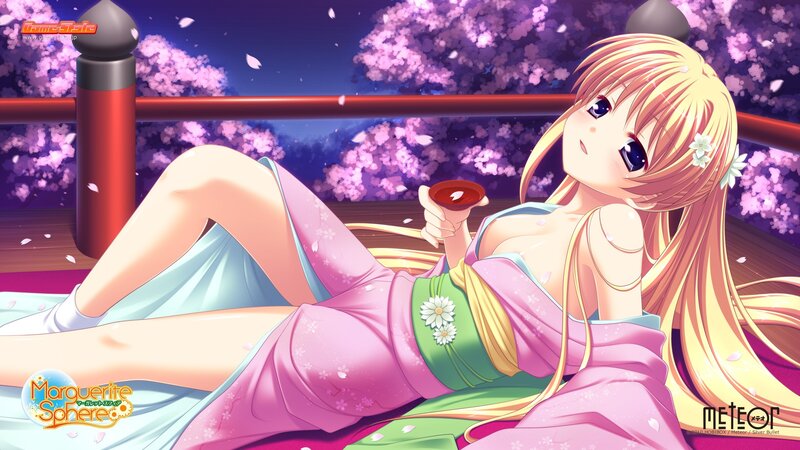 Anime girl in kimono with cherry blossoms