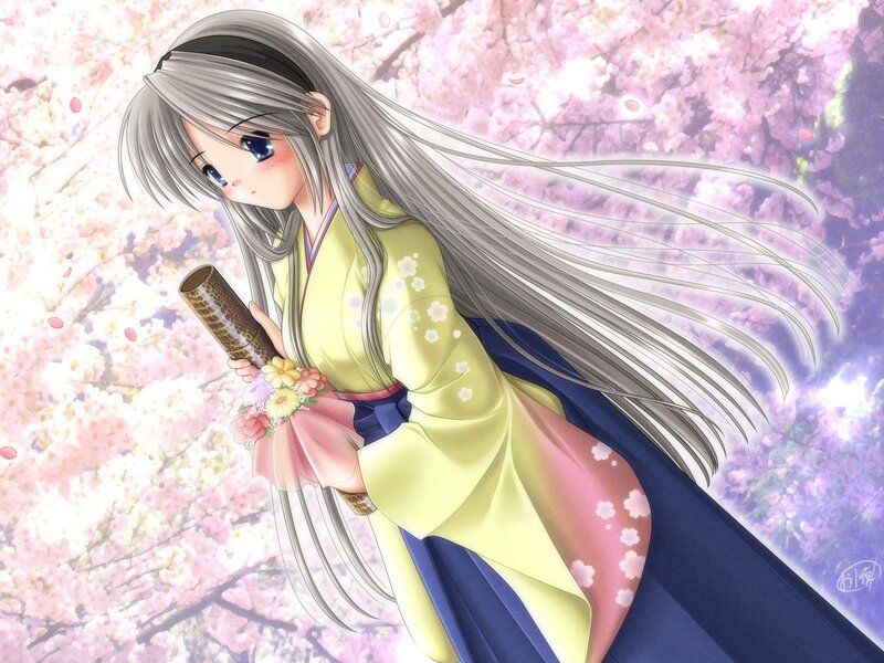 Anime girl in kimono with cherry blossoms
