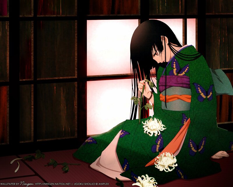 Anime girl in kimono with chrysanthemums