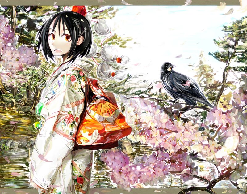 Anime girl in kimono with crow