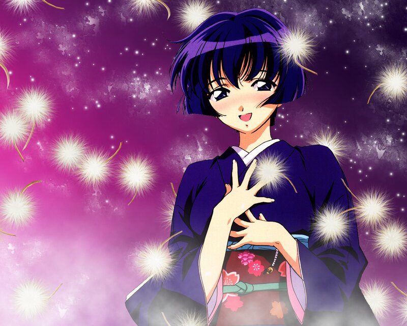 Anime girl in kimono with dandelions