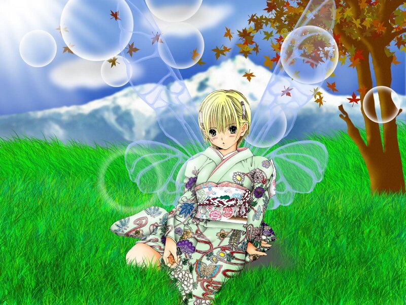 Anime girl in kimono with fairy wings