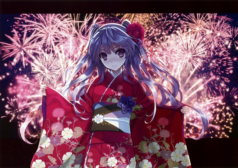 Anime girl in kimono with fireworks