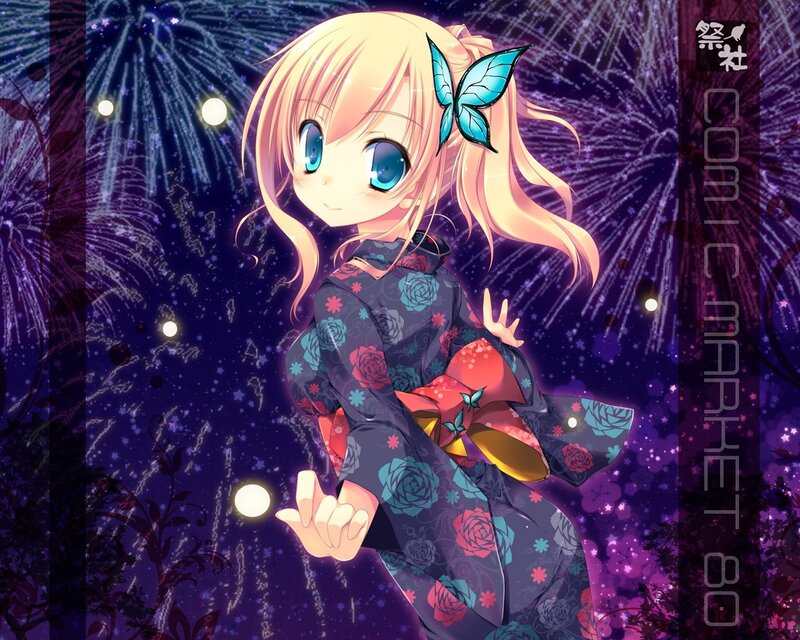 Anime girl in kimono with fireworks