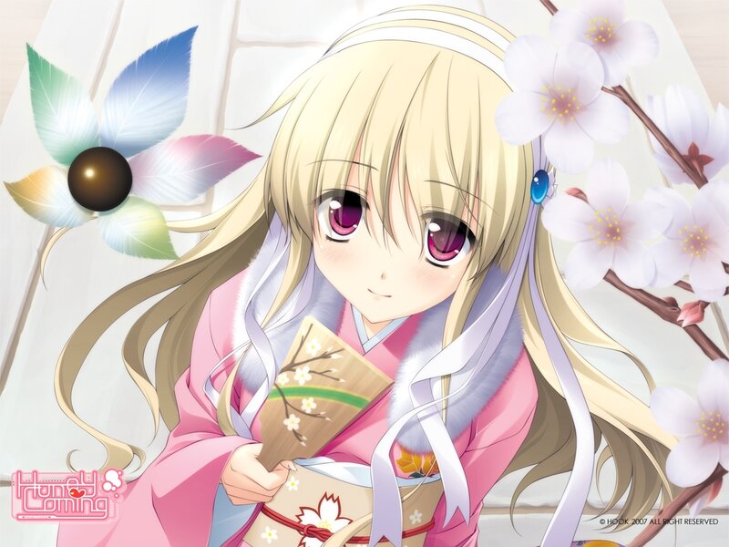 Anime girl in kimono with flowers