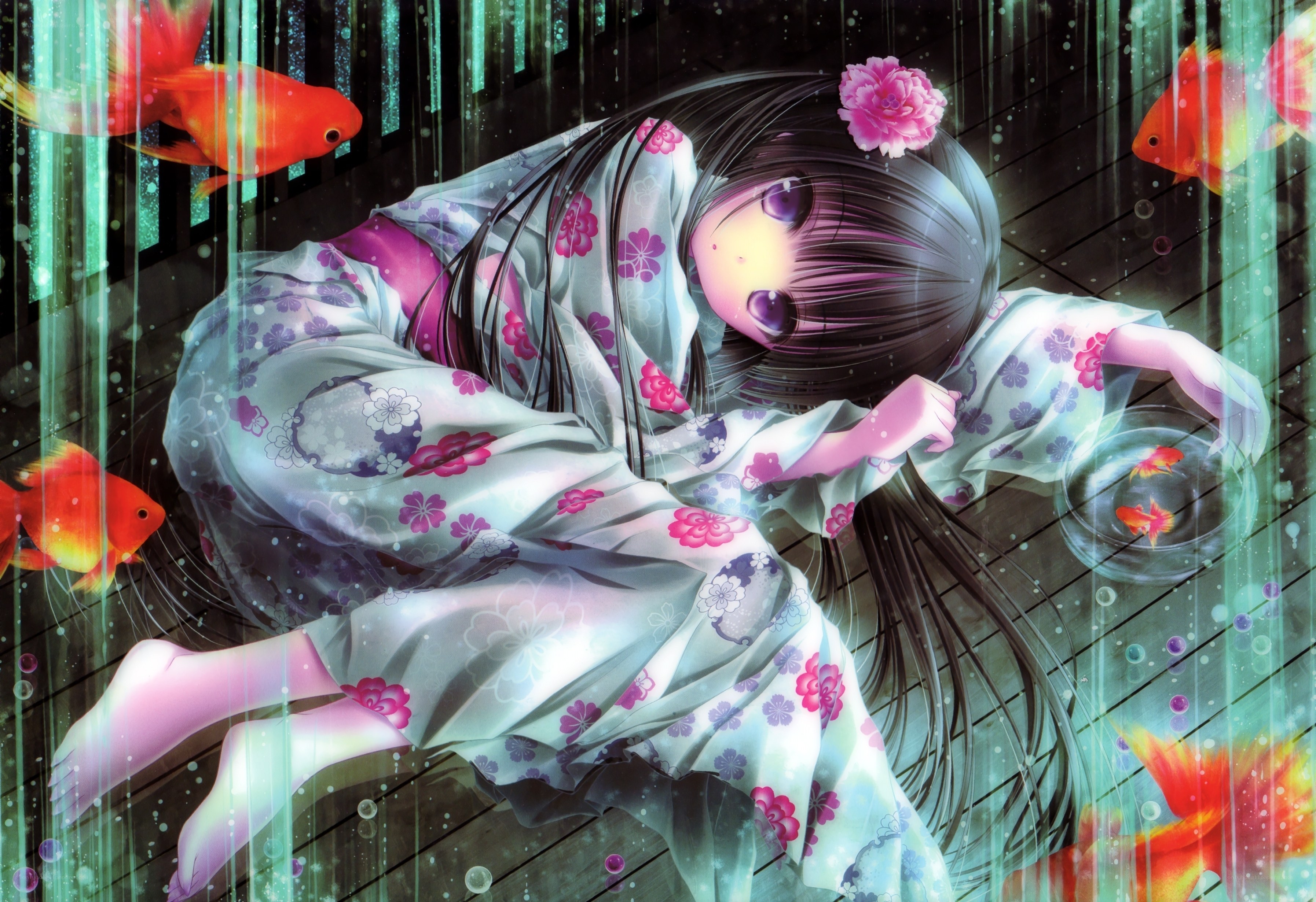 Anime girl in kimono with goldfish