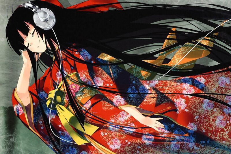 anime girl in kimono with headphones