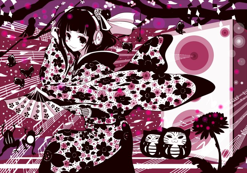 anime girl in kimono with headphones