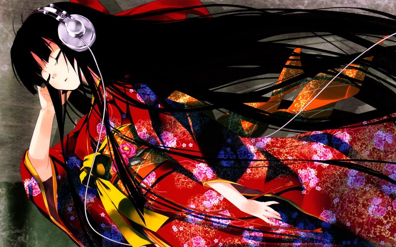 anime girl in kimono with headphones