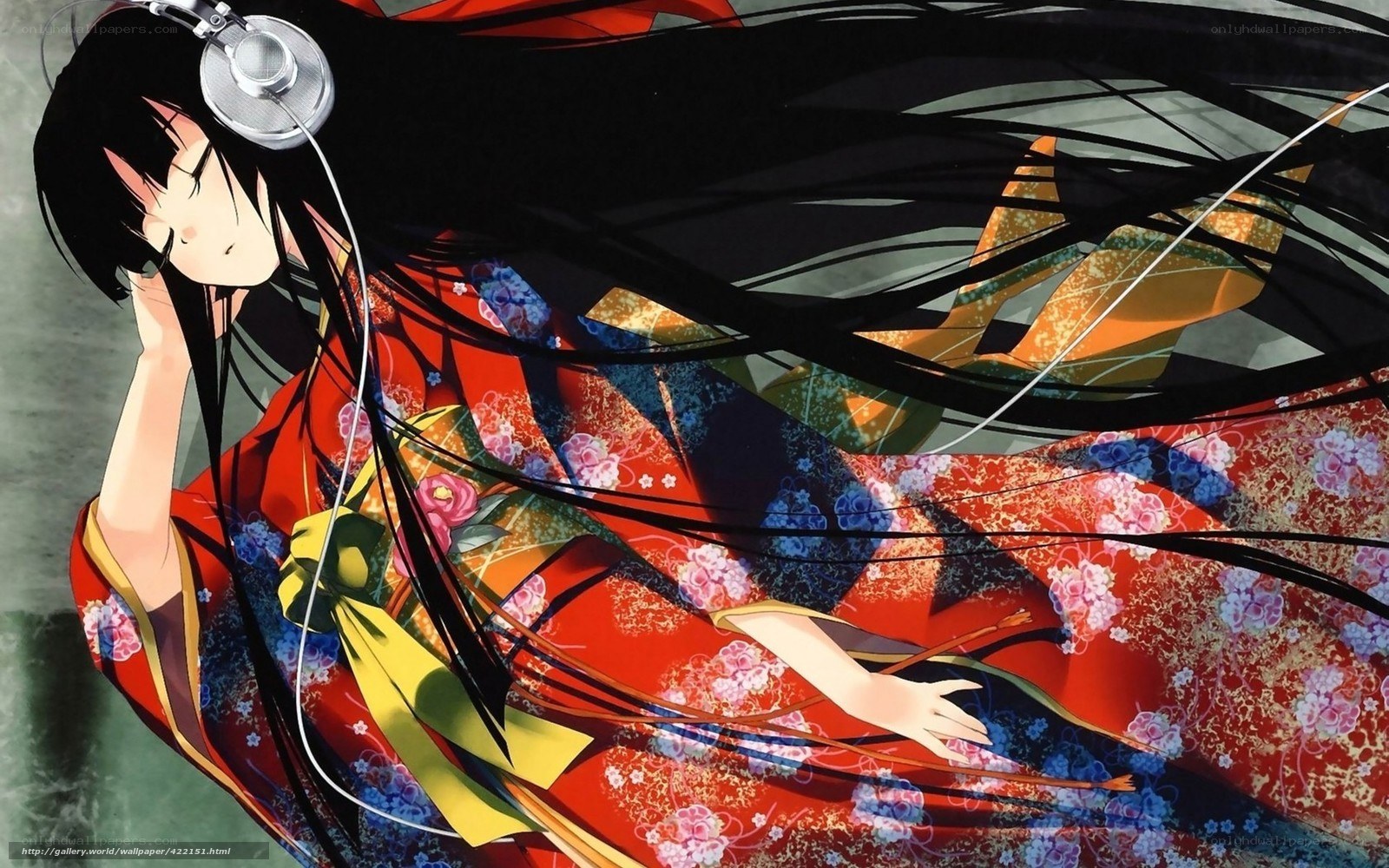 Anime girl in kimono with headphones