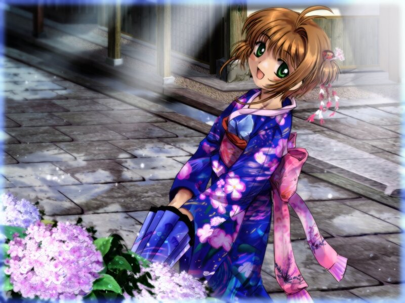 anime girl in kimono with hydrangeas