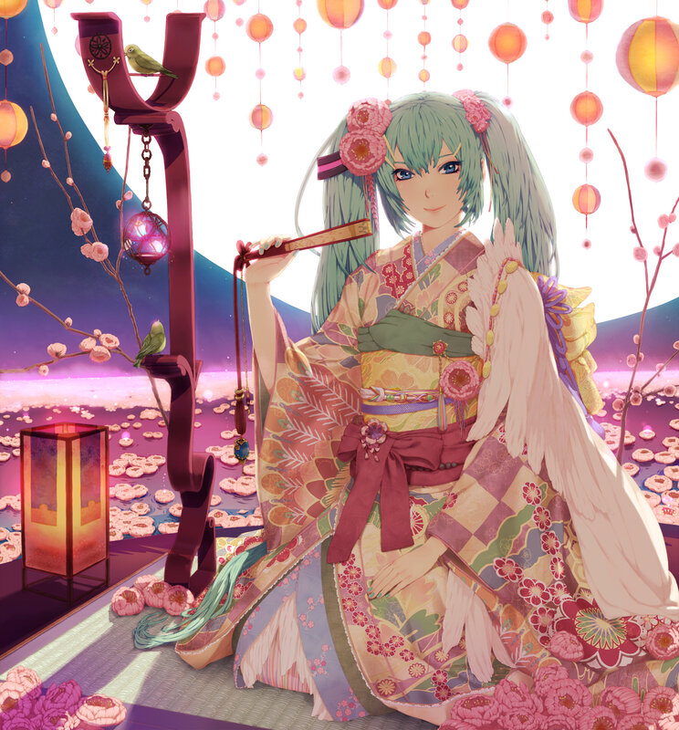 Anime girl in kimono with lanterns