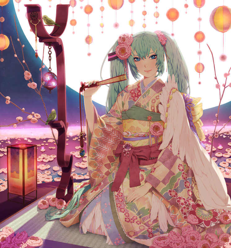 Anime girl in kimono with lanterns