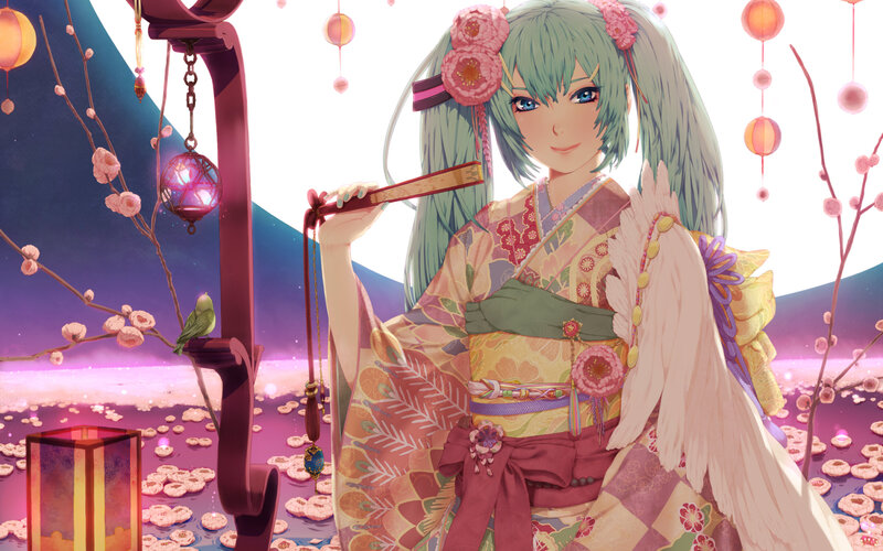 Anime girl in kimono with lanterns