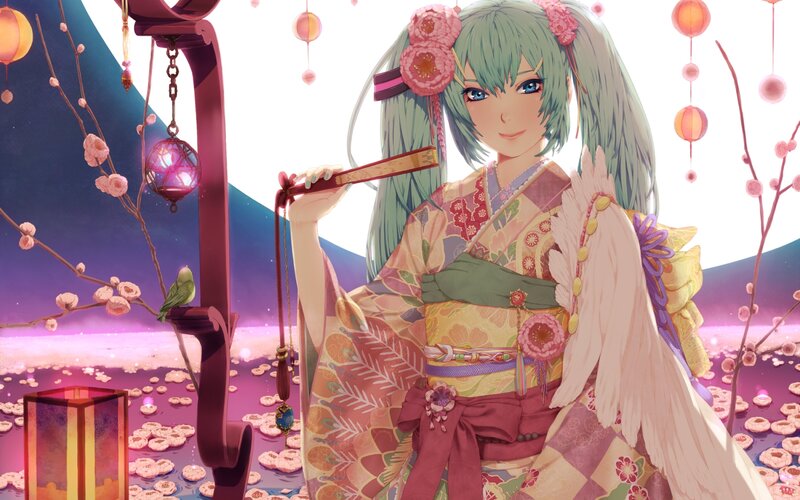 Anime girl in kimono with lanterns