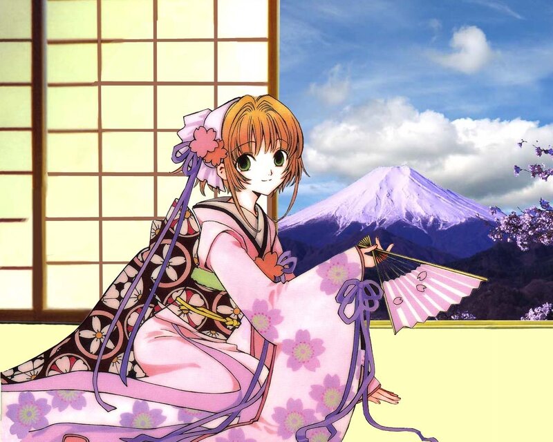 anime girl in kimono with Mount Fuji