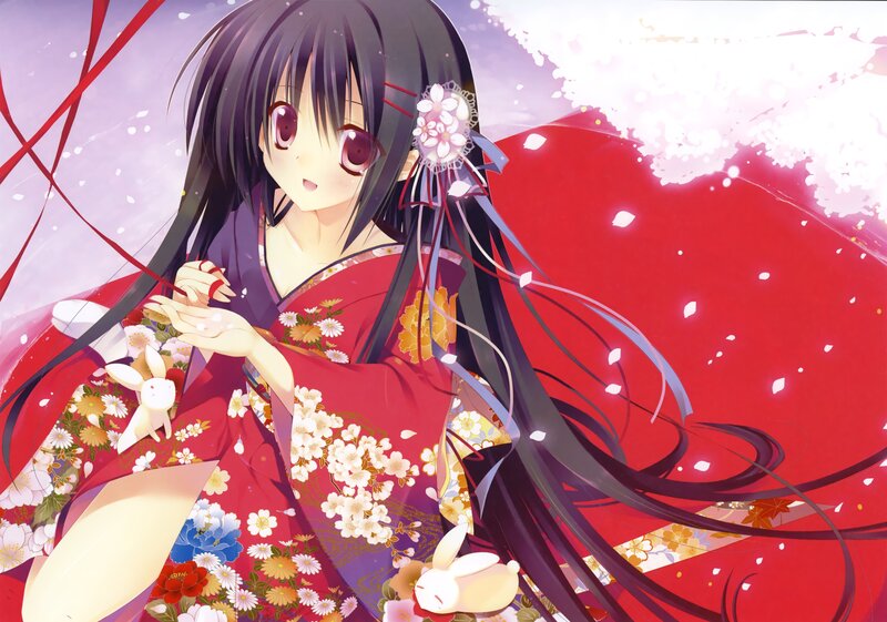 Anime girl in kimono with rabbits