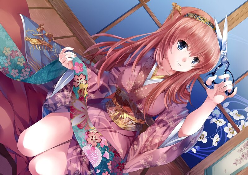 anime girl in kimono with scissors