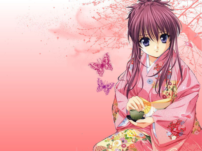 anime girl in kimono with tea