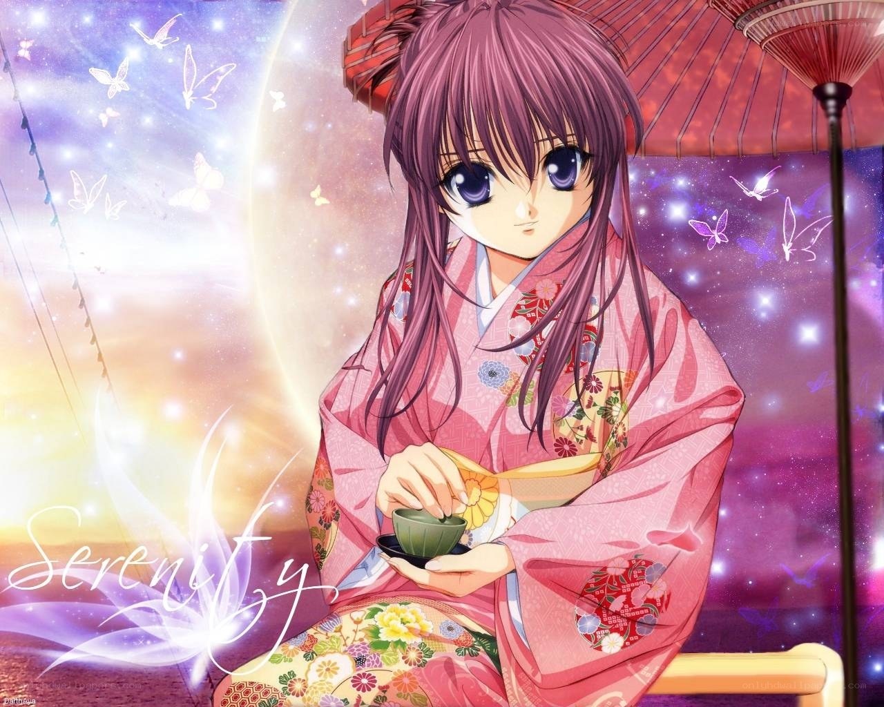 Anime girl in kimono with tea