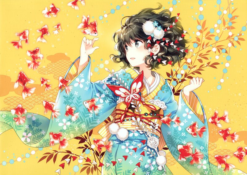 Anime Girl in Kimono — Yellow, Playful, Goldfish