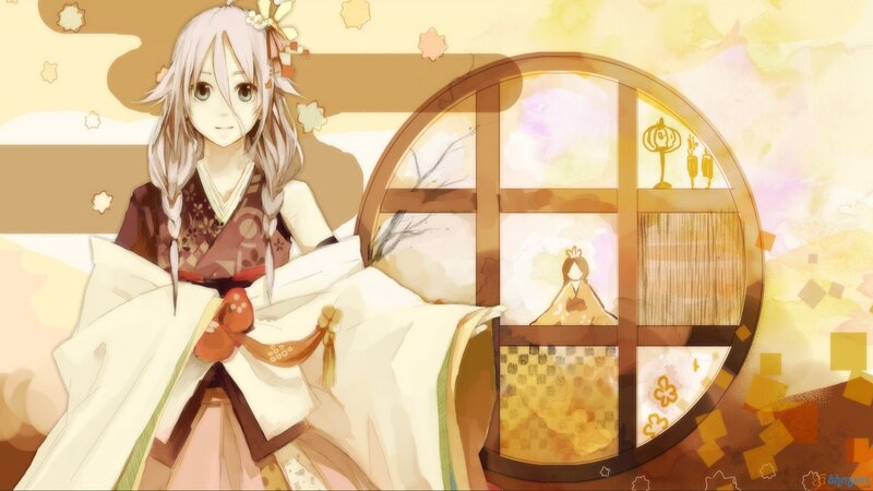 Anime Girl in Kimono — Yellow, Serene, Autumn, Digital Art, Window
