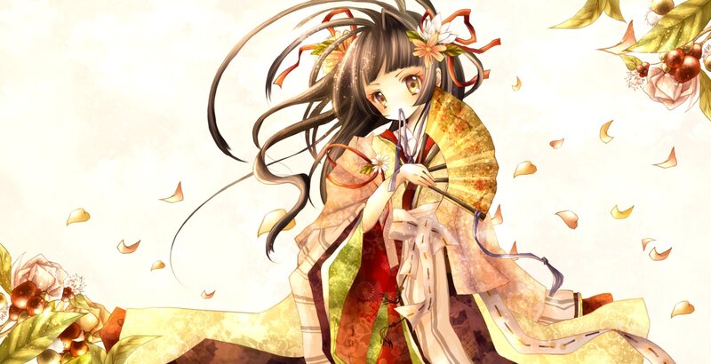 Anime Girl in Kimono — Yellow, Serene, Autumn