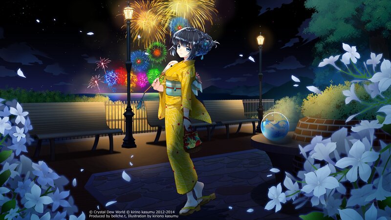 Anime Girl in Kimono — Yellow, Serene, Night, Digital Art
