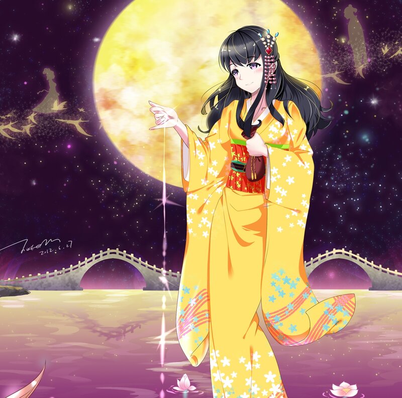Anime Girl in Kimono — Yellow, Serene, Night