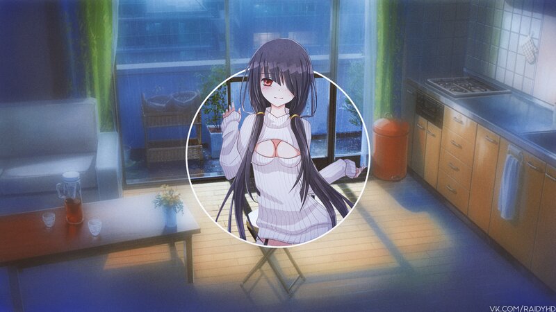 Anime Girl in Kitchen — Blue, Calm, Night