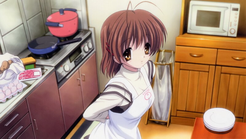 Anime Girl in Kitchen — Brown, Calm, Afternoon, Apron, Microwave