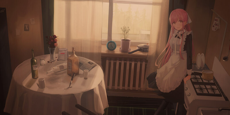 Anime Girl in Kitchen — Brown, Calm, Afternoon