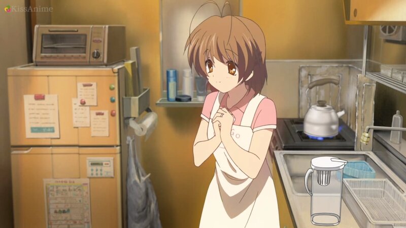 Anime Girl in Kitchen — Brown, Calm, Refrigerator